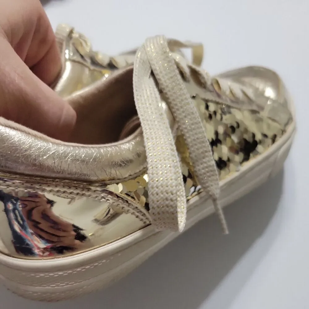 Childrens Place Shoes Girls 4 Gold Sneaker Classic Lace Low Top Flat Flip Sequin